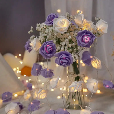 Rose string lights with purple and white flowers in a vase, perfect for wedding, Valentine's Day, and home decor.