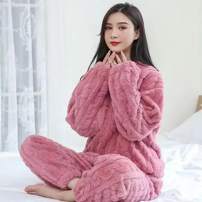 Winter New Plush Thickened Home Clothes for Female Winter Coral Velvet Fairy Jacquard Warm Pants Loose Fried Dough Twists Suit