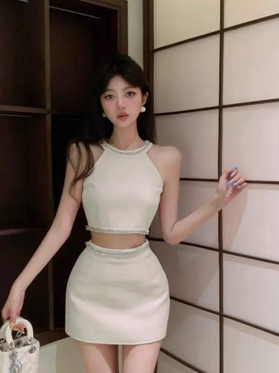 Heavy Industry Diamond Tanks Y2k Camis Crop Top Two Piece Sets Outifits High A Line Short Skirts New 2025 Shirts for Women