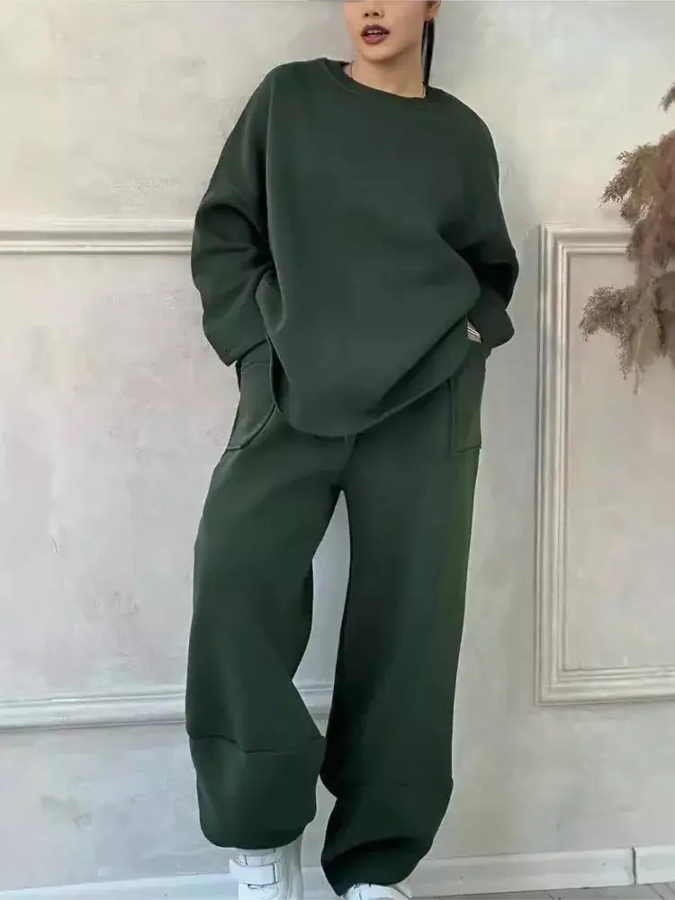 New Solid 2 Piece Set Women's Autumn And Winter Casual Loose Round Neck Long-sleeved Sweatshirt And Trousers Suit Female