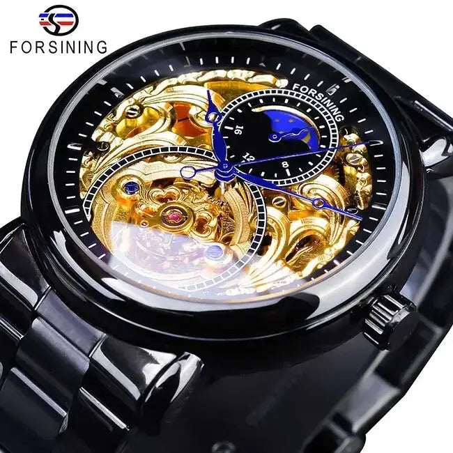 Forsining 2019 White Golden Skeleton Wrist Watches Blue Hands Silver Stainless Steel Men Mechanical Watch Waterproof Design