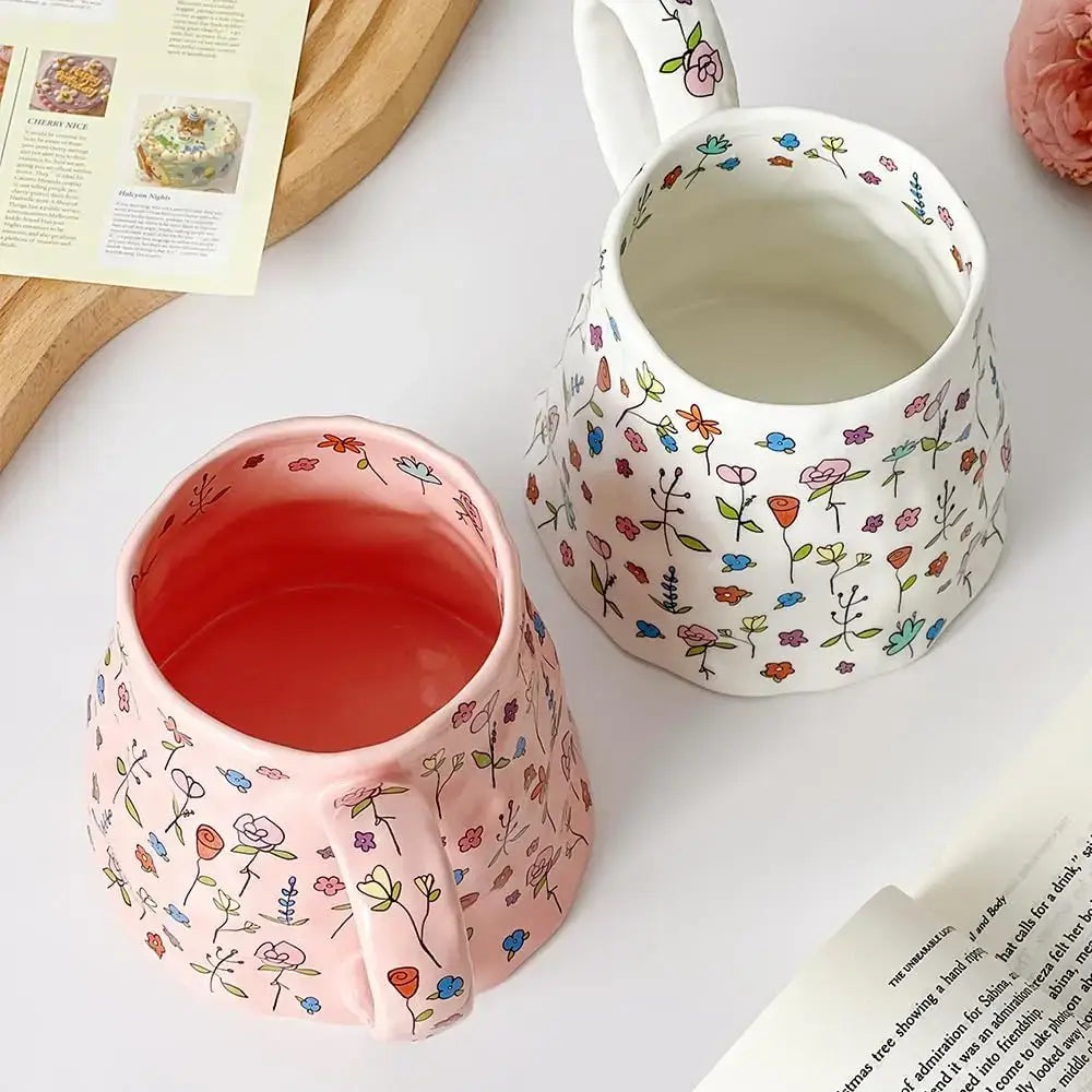 Ceramic Coffee Mug Cute Handmade Flowers Creative Mugs Design Printed Flowers Cup for Office and  18 oz/500 ml for Latte Tea Mil