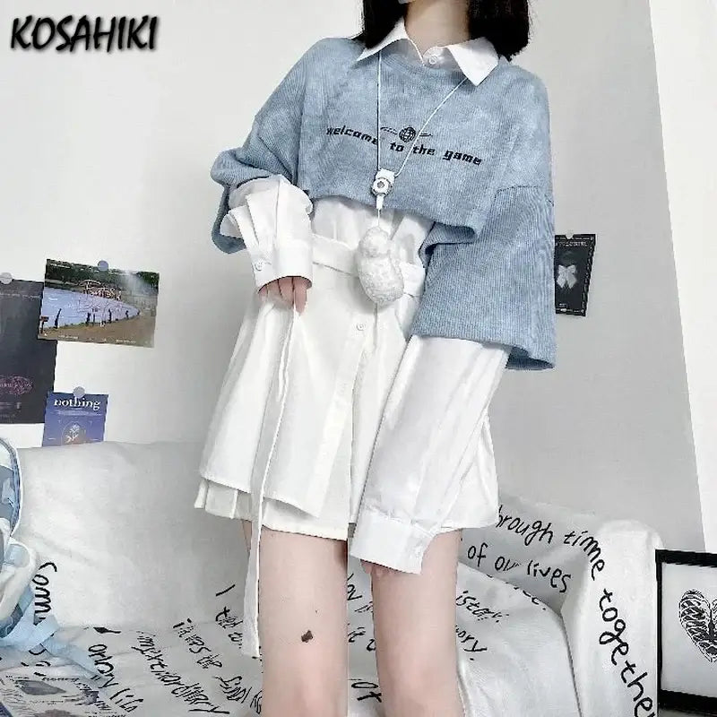 KOSAHIKI Japanese Ins Fashion Two Pieces Set 2024 Autumn Outfits Cropped Tie Dye Sweatshirt + White Long Sleeve Blouse Y2k Suit