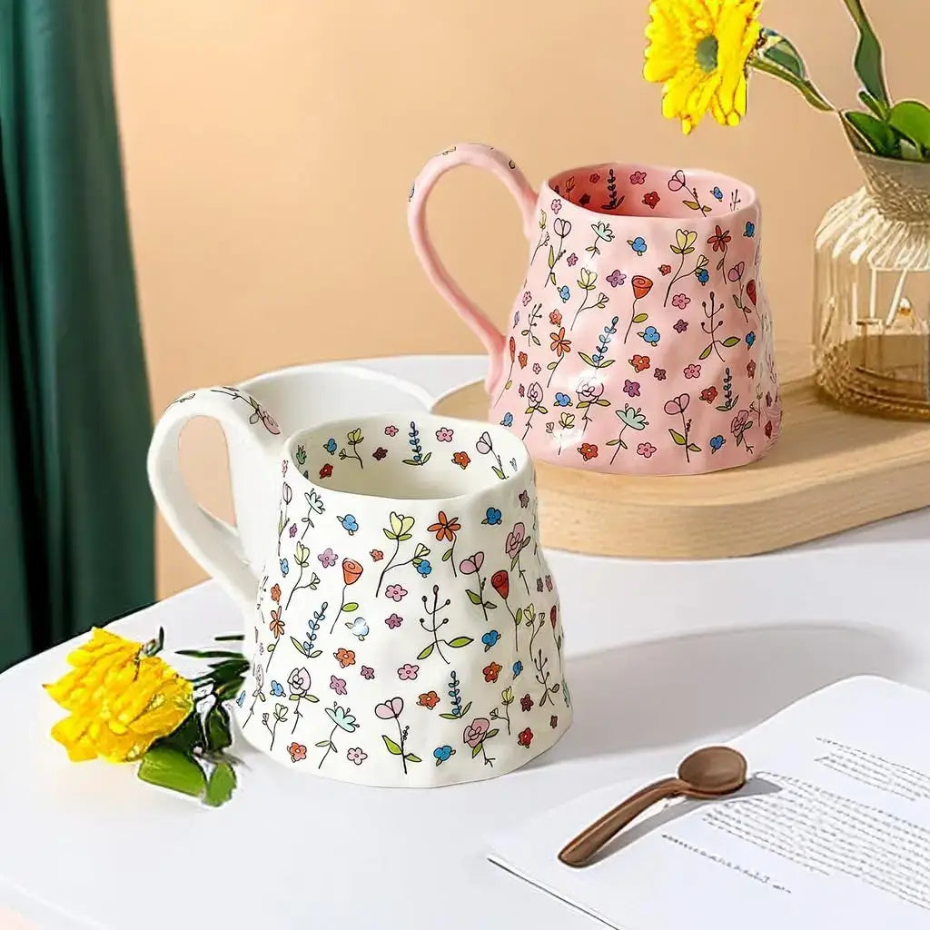 Ceramic Coffee Mug Cute Handmade Flowers Creative Mugs Design Printed Flowers Cup for Office and  18 oz/500 ml for Latte Tea Mil