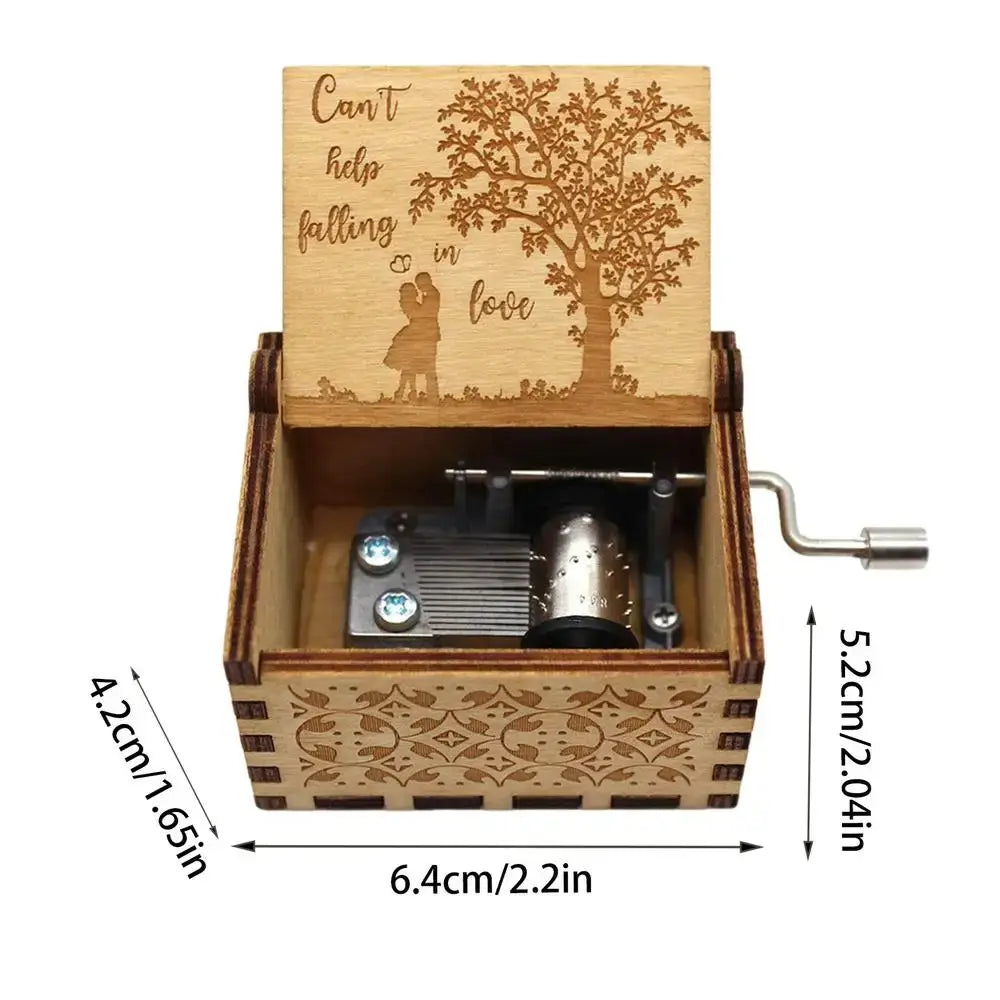 2024 Wooden Engraving Vintage Music Box Hand-Cranked Music Box Girlfriend Wife Can't Help Falling In Love Birthday Presents Gift