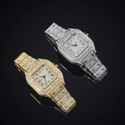 2022 New Iced Out Women Watch Gold Silver Color Square Diamondd Quartz Luxury Hip Hop Wrist Watches Roman Clock Relogio Feminino