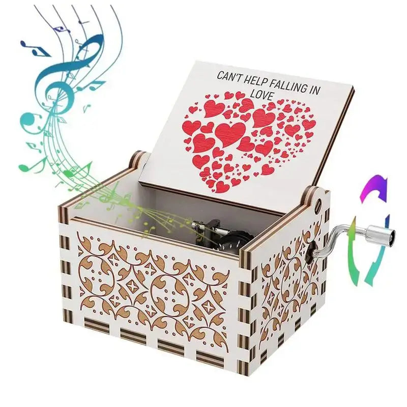 2024 Wooden Engraving Vintage Music Box Hand-Cranked Music Box Girlfriend Wife Can't Help Falling In Love Birthday Presents Gift