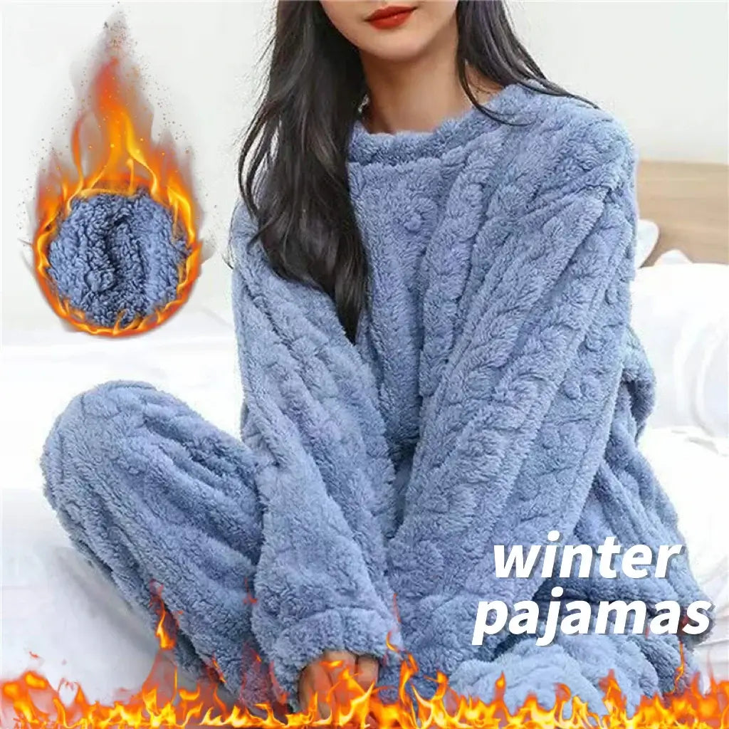 Winter New Plush Thickened Home Clothes for Female Winter Coral Velvet Fairy Jacquard Warm Pants Loose Fried Dough Twists Suit