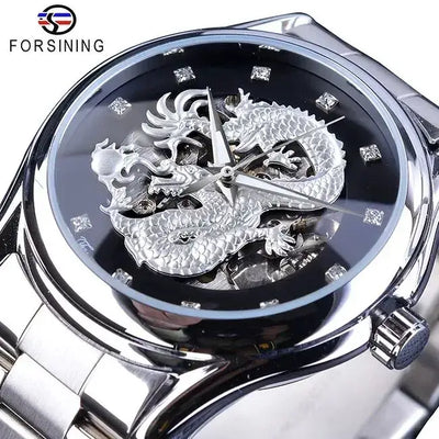 Forsining Classic Dragon Design Silver Stainless Steel Diamond Display Men Automatic Wrist Watches Top Brand Luxury Montre Homme