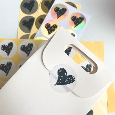 100Pcs Stickers LOVE  Heart Black hand painted diy transparent white sealing sticker cowhide foil gold silver 35MM