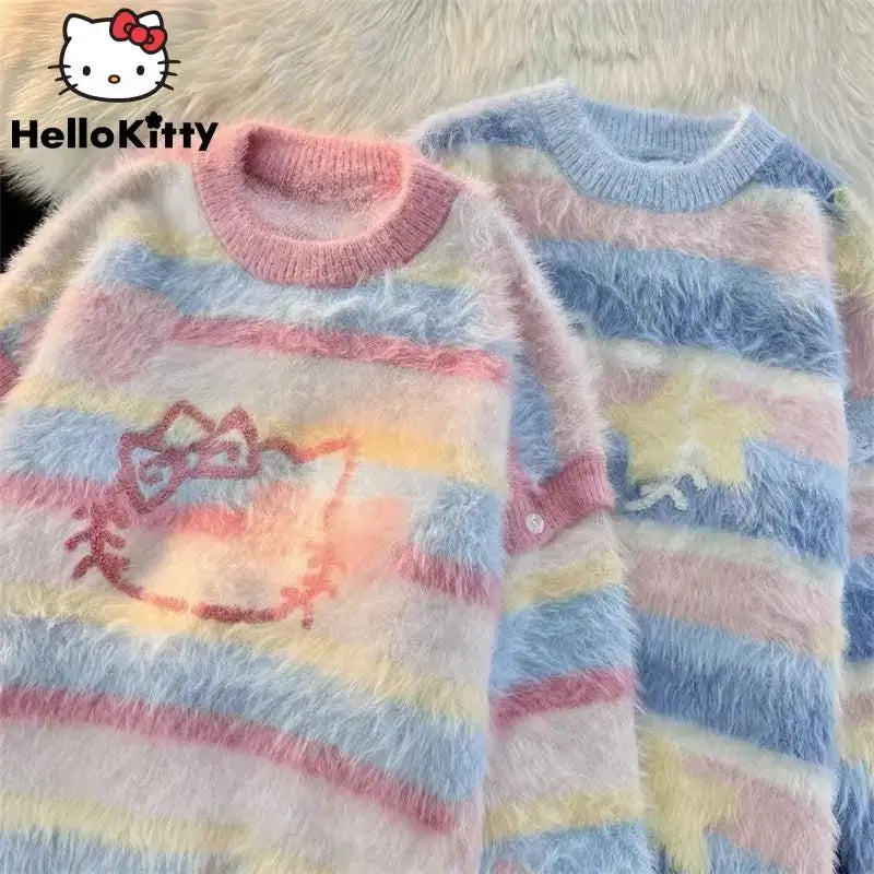 Sanrio Hello Kitty New Striped Round Neck Sweater Women Korean Style Fashion Knit Tops Autumn Winter Sweet Clothes Y2k Pullovers