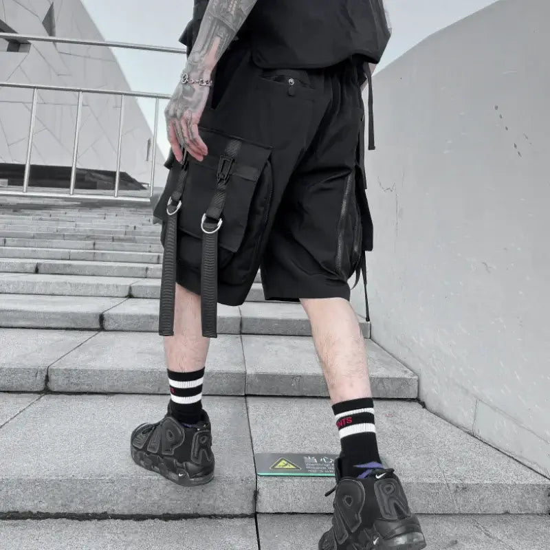 Multi-pocket Black Cargo Shorts Men Streetwear Jogger Short Pants Male Fashion Summer Ribbon Sweatpants Woman New Clothes