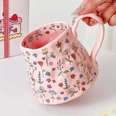 Ceramic Coffee Mug Cute Handmade Flowers Creative Mugs Design Printed Flowers Cup for Office and  18 oz/500 ml for Latte Tea Mil