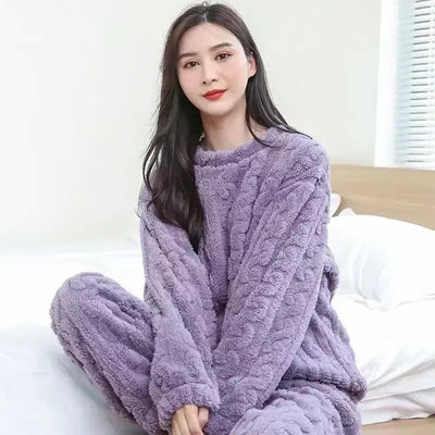 Winter New Plush Thickened Home Clothes for Female Winter Coral Velvet Fairy Jacquard Warm Pants Loose Fried Dough Twists Suit