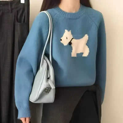 Dog Embroidery Ropa Mujer 2025 Woman Sweater Simple Knitted Outerwears Round Neck Pullovers Winter Long Sleeve Clothes Women