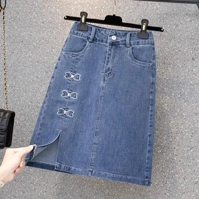 Women's Split Midi Skirt With High Waist Fashion A Shape Slimmer Bust Skirt 2024 Summer New Item Plus Jeans School Girl Uniform