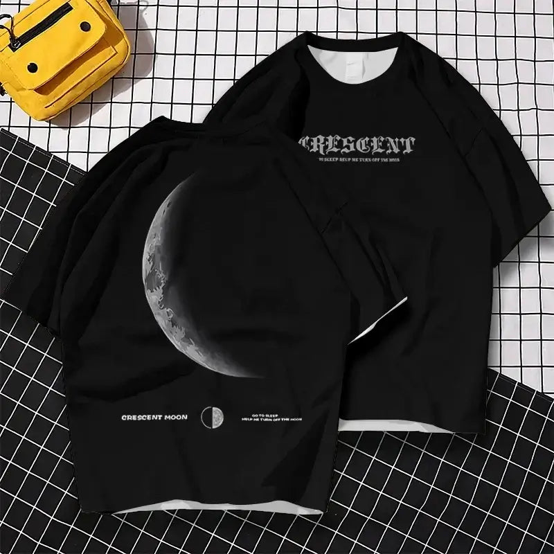 New Moon Print Fashion Men's T-shirt, Loose Street Trendy Extra Large O-Neck Men's Short Sleeve Daily Comfortable Men's Top