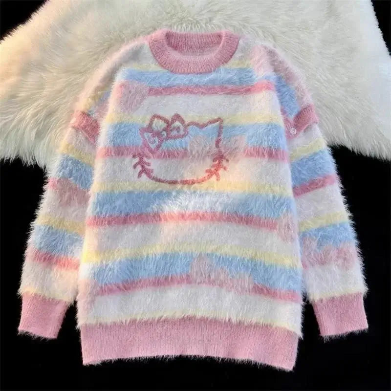 Sanrio Hello Kitty New Striped Round Neck Sweater Women Korean Style Fashion Knit Tops Autumn Winter Sweet Clothes Y2k Pullovers