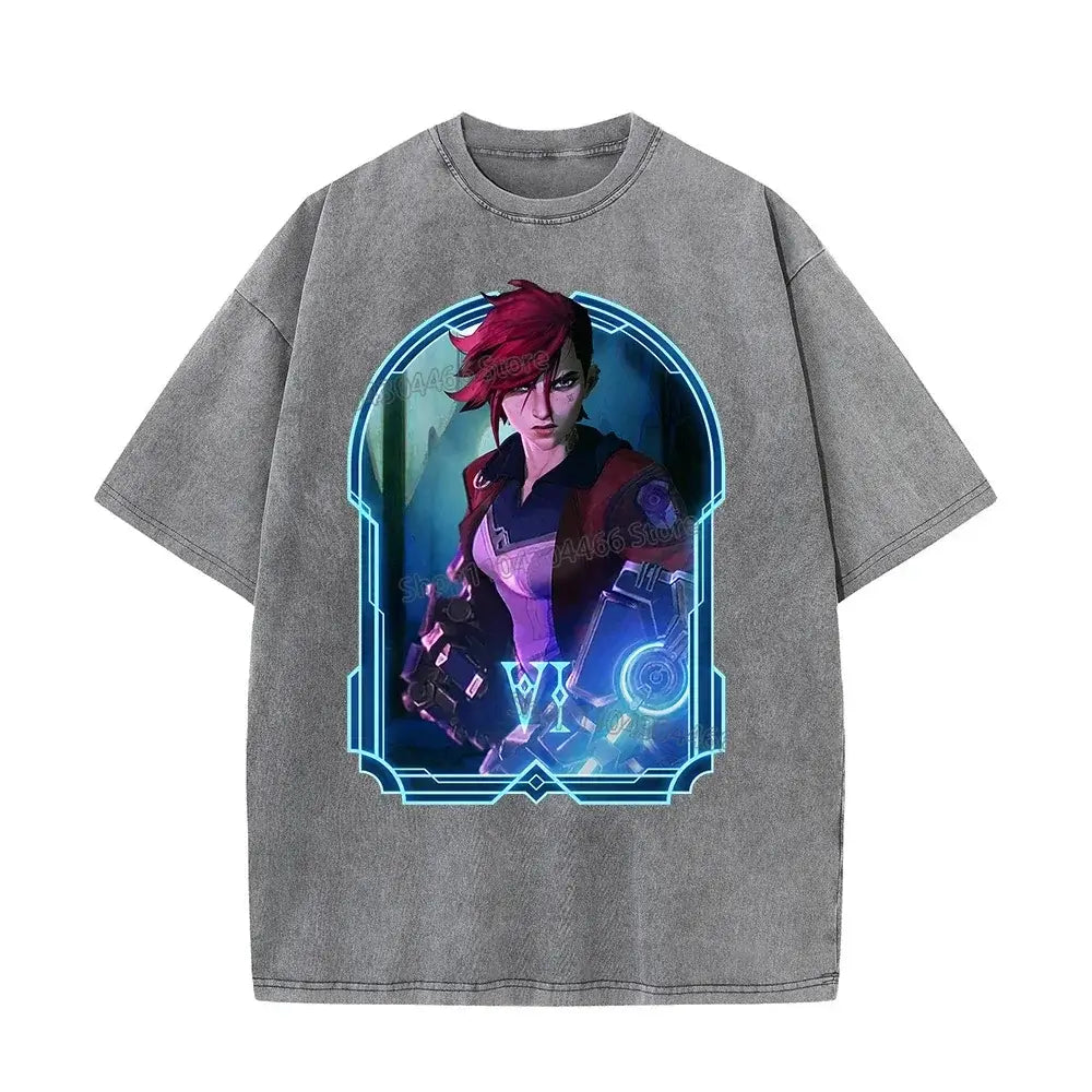 Arcane T Shirt for Men,Women 230g 100%Cotton Washed Shirt Jinx Arcane Retro T-shirt Y2k Clothes Oversize Shirts Trendy Clothes