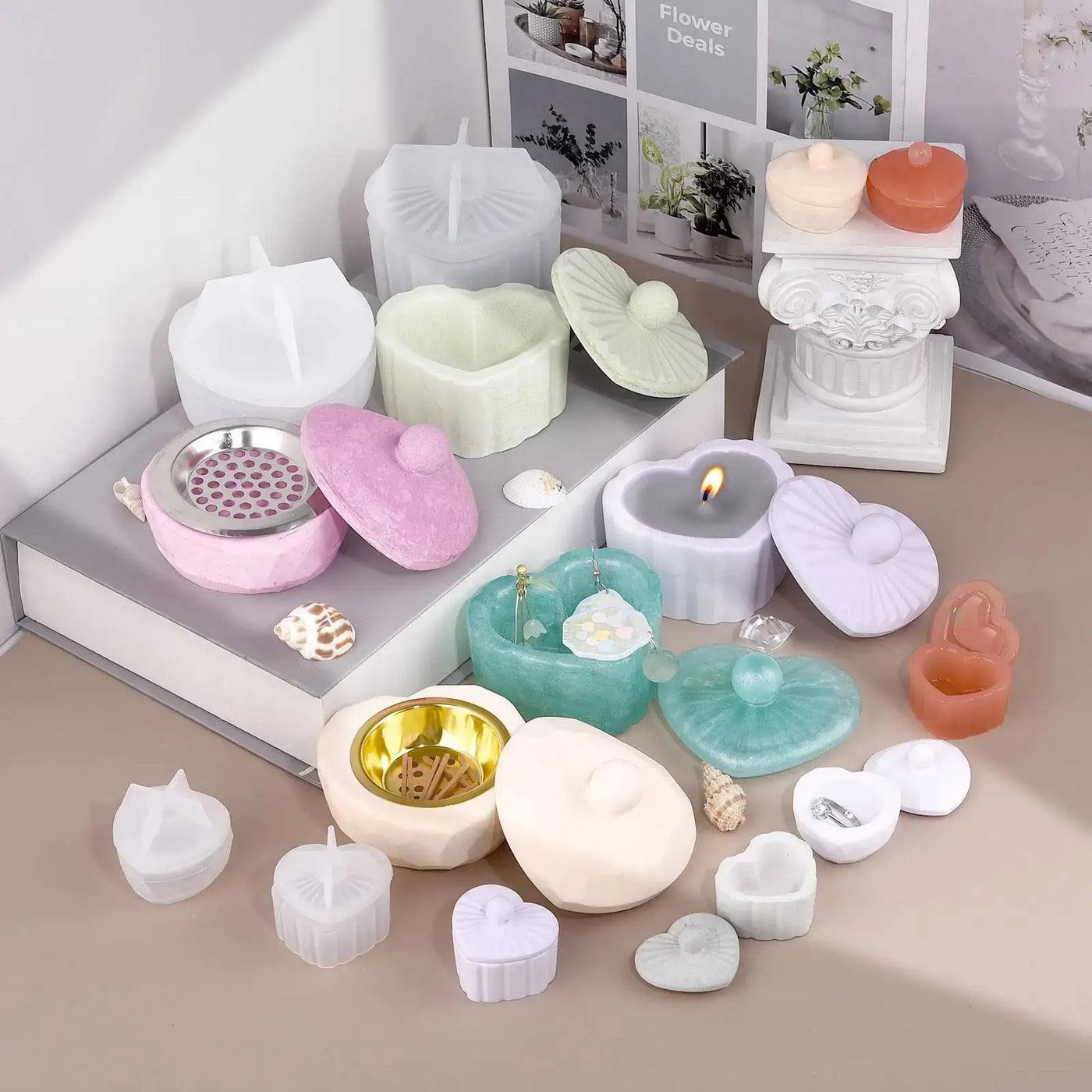 Concrete Storage Box Epoxy Resin Molds Love Heart with Lid Silicone Mold DIY Handcrafts Jewelry Box Candle Cup Plaster Mould