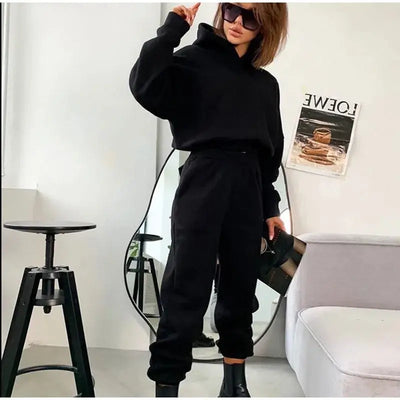 Pullover Hooded Tracksuit Women Two Pieces Pant Sets Sweatshirts Pockets Pants Suit Thick Elastic Waist Spliced Sporty Autumn